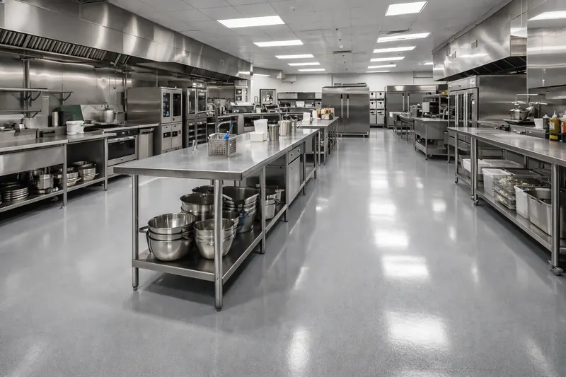 Quartz broadcast epoxy floor in a commercial kitchen — slip-resistant textured finish