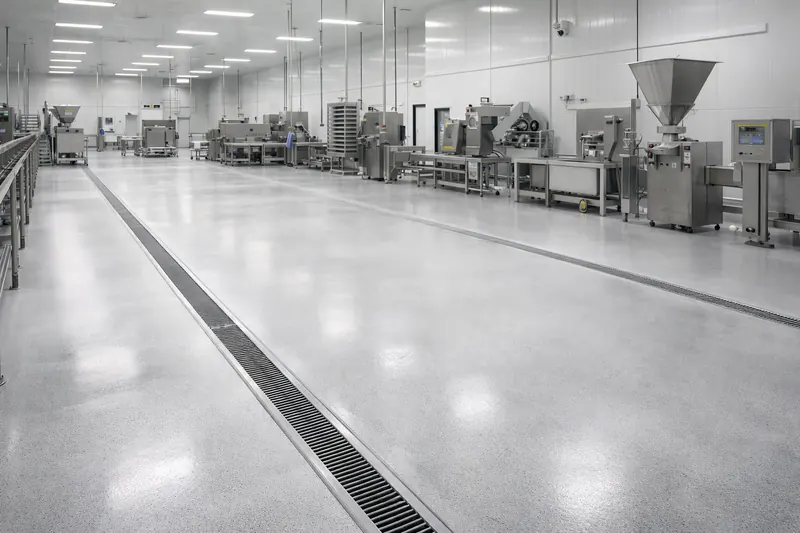 Food processing plant floor with drainage channel Orlando