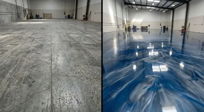 Flex room blue-gray metallic epoxy floor