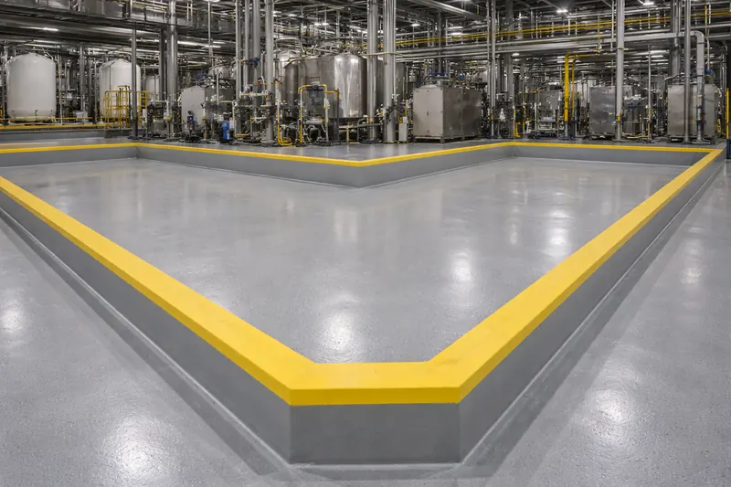 Industrial epoxy floor — chemical-resistant coating with safety-yellow curbing