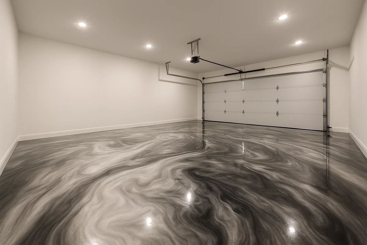 Metallic epoxy floor — marbled two-tone pour with a reflective polyaspartic top coat