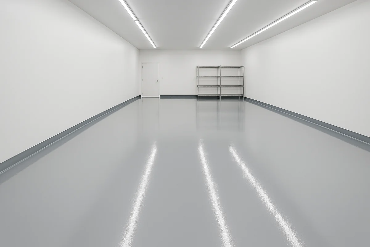 Solid color epoxy floor in an Orlando commercial service bay — single-tone high-gloss finish