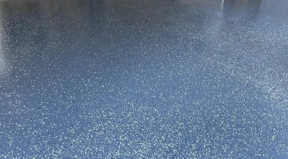 Garage with blue flake epoxy floor